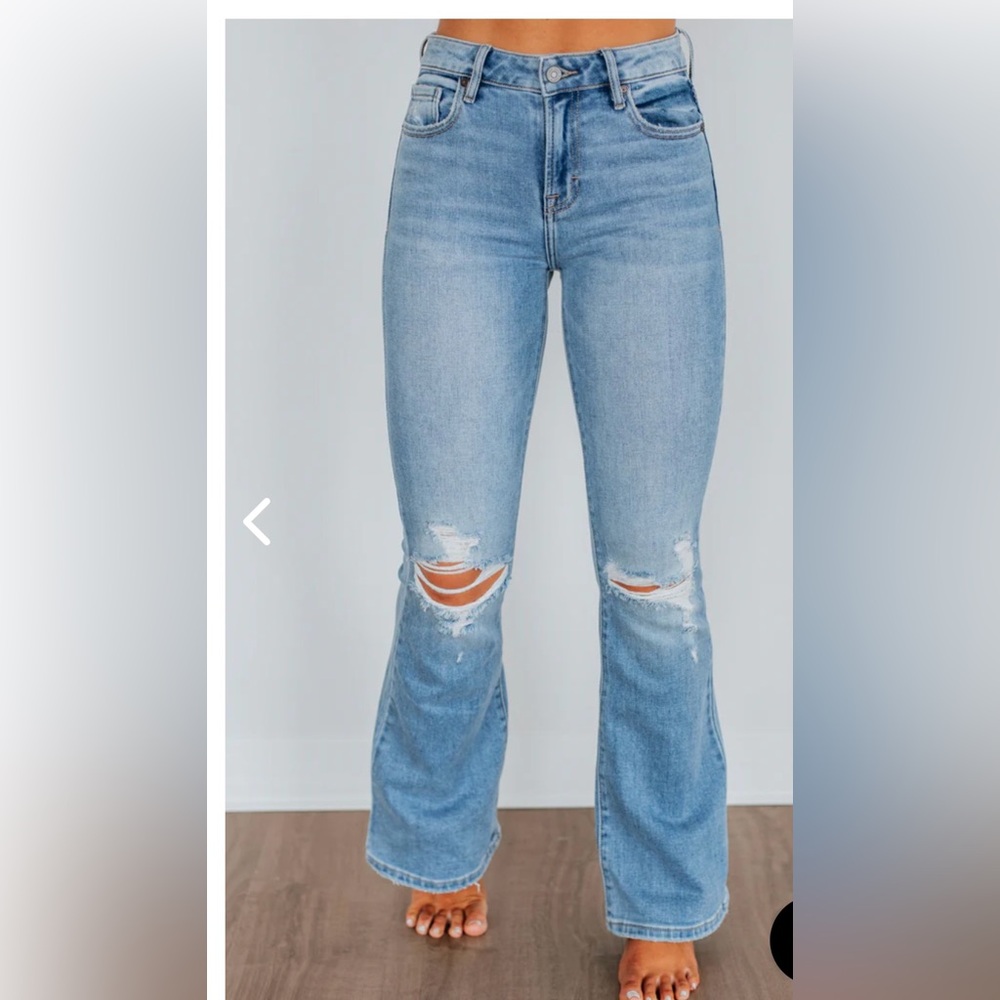 Stylish Light Blue Distressed Flare Jeans
